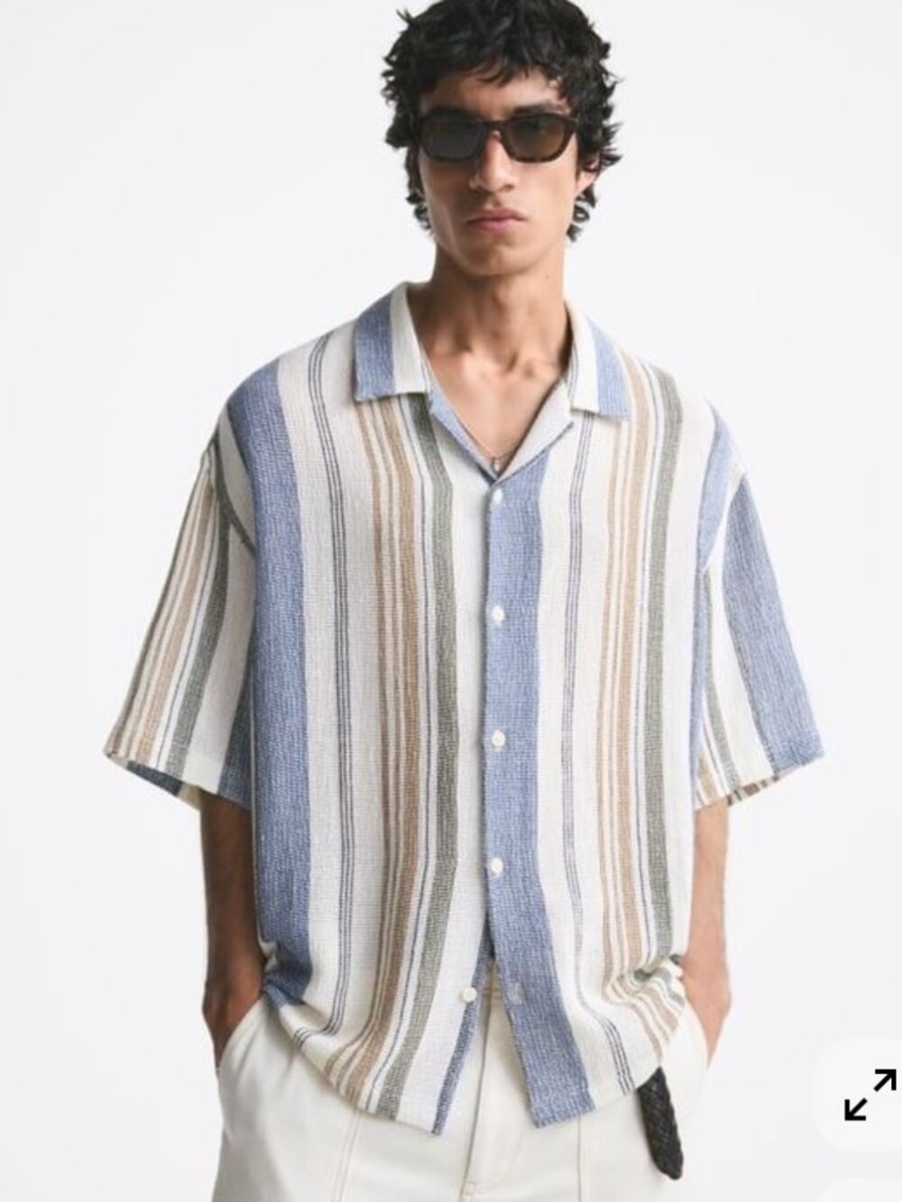 Zara Men Textured Knit Linen Blend Multi-Stripe Camp Collar Button Down Shirt L